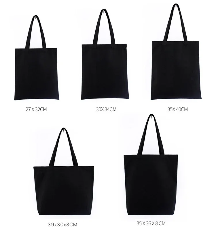 Black Reusable Cotton Tote Bags Eco Foldable Shoulder Bag Large Handbag Solid Fabric Canvas Tote Bags for Market Bags