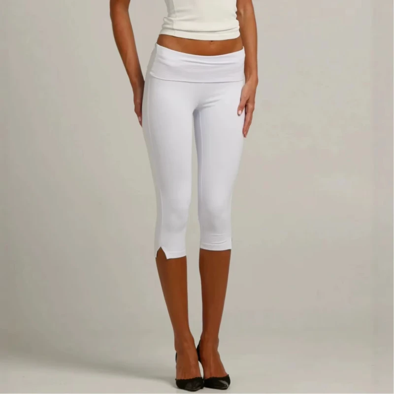 Summer Streetwear Yoga Pants Women Retro Solid Fold Over Waistband Leggings Low Rise Split Hem 3/4 Length Skinny Pants Casual