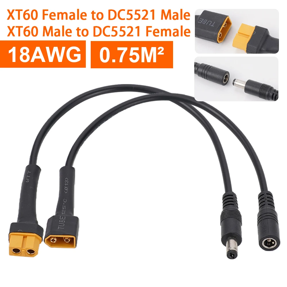 18AWG XT60 Złącze męskie / żeńskie do DC 5,5 * 2,5 5,5 x 2,1 mm Adapter kabla zasilającego 5521 5525 Do okularów Adapter do ładowania akumulatora Ca