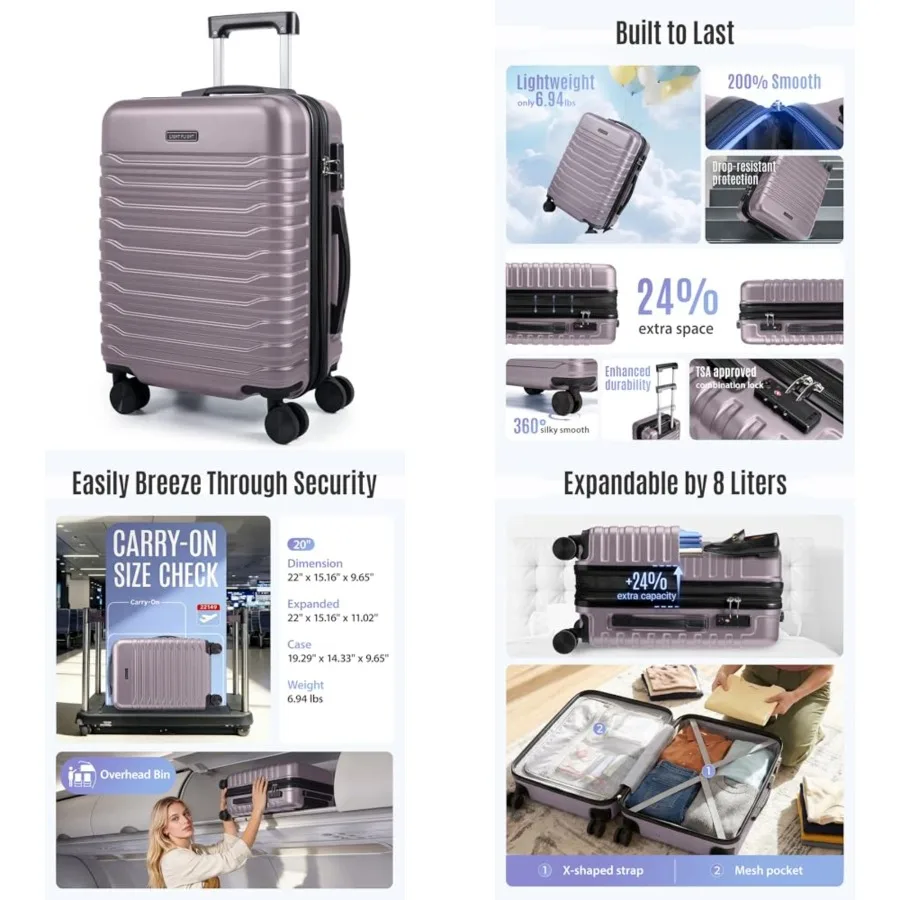 

Expandable Carry On Luggage 22x14x9 Airline Approved with Double Spinner Wheels, 20 Inch Lightweight Hard Shell Rolling Suitcas