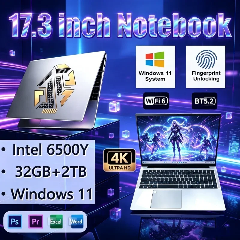 17.3" Vigilant Laptops Intel 6500Y Windows 11 32GB 2TB HD Display Fingerprint Unlock Gamer Study Office Notebook Computer PC