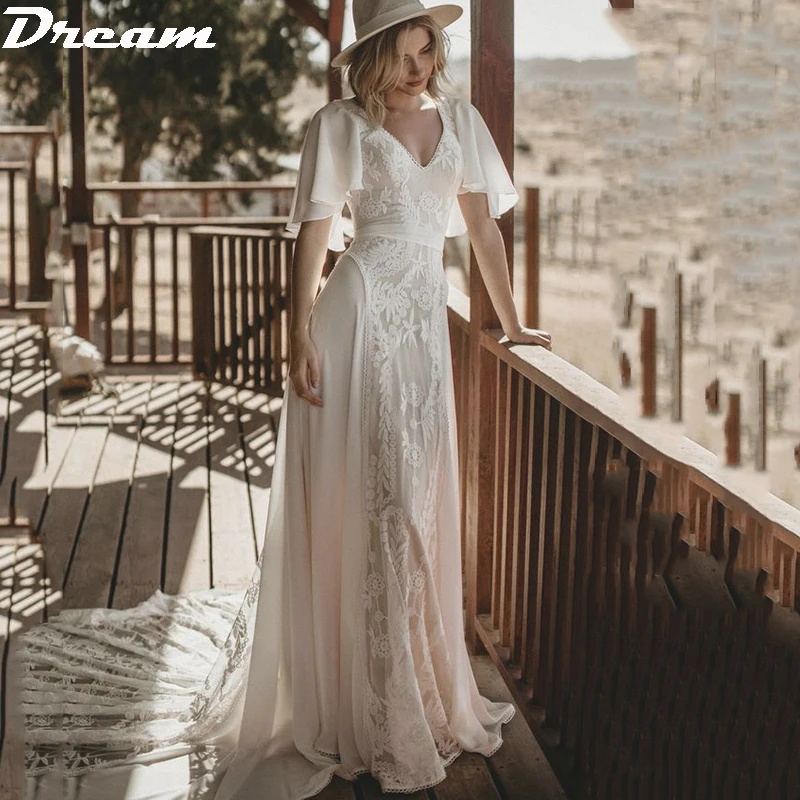 DREAM Customized Chiffon V Neck Bohemian Wedding Dresses Short Flare Sleeves Lace Bride Gowns Floor Length Backless Bride Dress