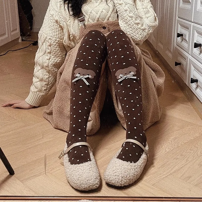 Japoński mały miś Polka Dot Bow Lolita skarpetki damskie jesienne zimowe podkolanówki gruba czesana bawełna Kawaii odchudzanie pończochy