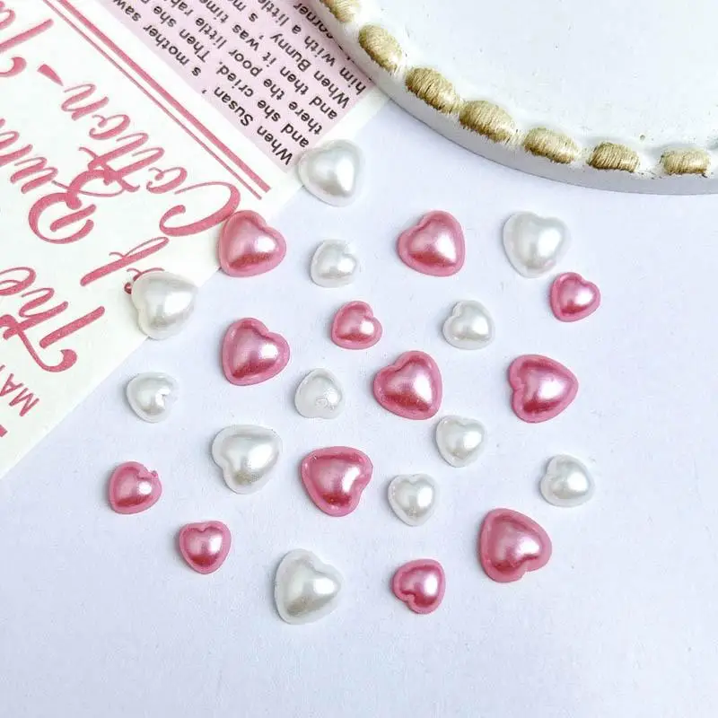 Mezclado de corazón blanco y rosa para decoración de uñas, adornos artísticos de resina con perlas de imitación 3D para manicura, accesorios hechos a mano DIY