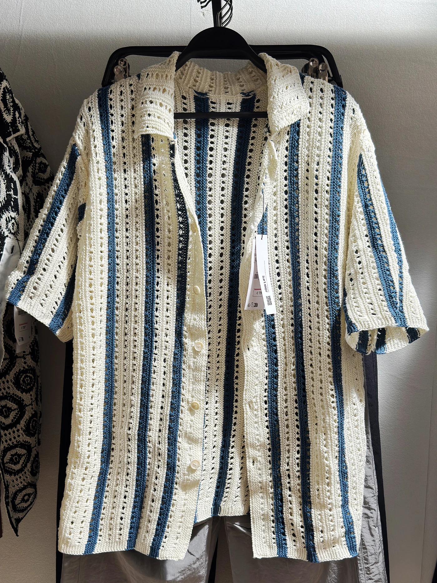 

ZAR Summer New Men's Loose Hollow Hook Knit Texture ort Sve irt Breathable Thin Youth Casual Striped Flip Collar irt