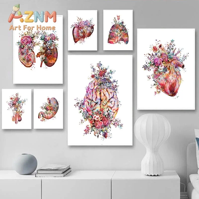 Colorful Anatomy Art Medical Canvas Painting Floral Organs Heart Lung Poster Print Education Hospital Wall Pictures Home Decor