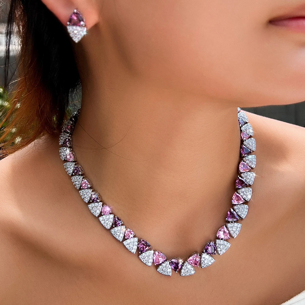 ThreeGraces Exquisite Luxury Pink Purple Zirconia Triangle Shape Bridal Wedding Evening Party Jewelry Set for Women T1090 view 6