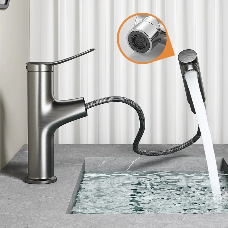 Pull Out Bathroom Sink Tap, 3 Spray Modes, Solid Brass, PVD Coating, Single Lever Mixer, Retractable Hose for Bathroom Vanity