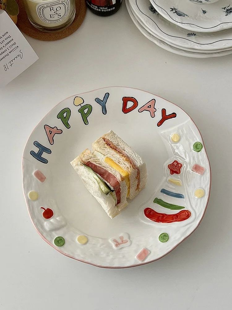 

Sweet Girl Ceramic Plate Underglaze Color Dining Plate Girl's Heart Dessert Plate Fruit Plate Home Use Small Style