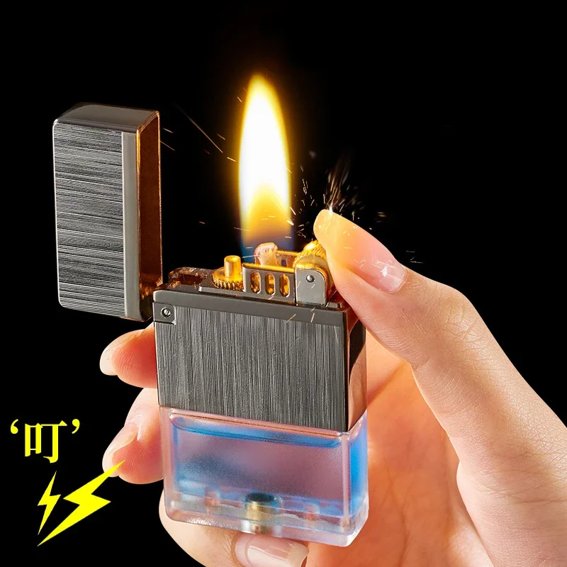 New Dye Creative Clear Fuel Tank Lighter Metal Open Lid Crisp Antique Grinding Wheel Cotton Oil Lighter Fashion Gift for Men