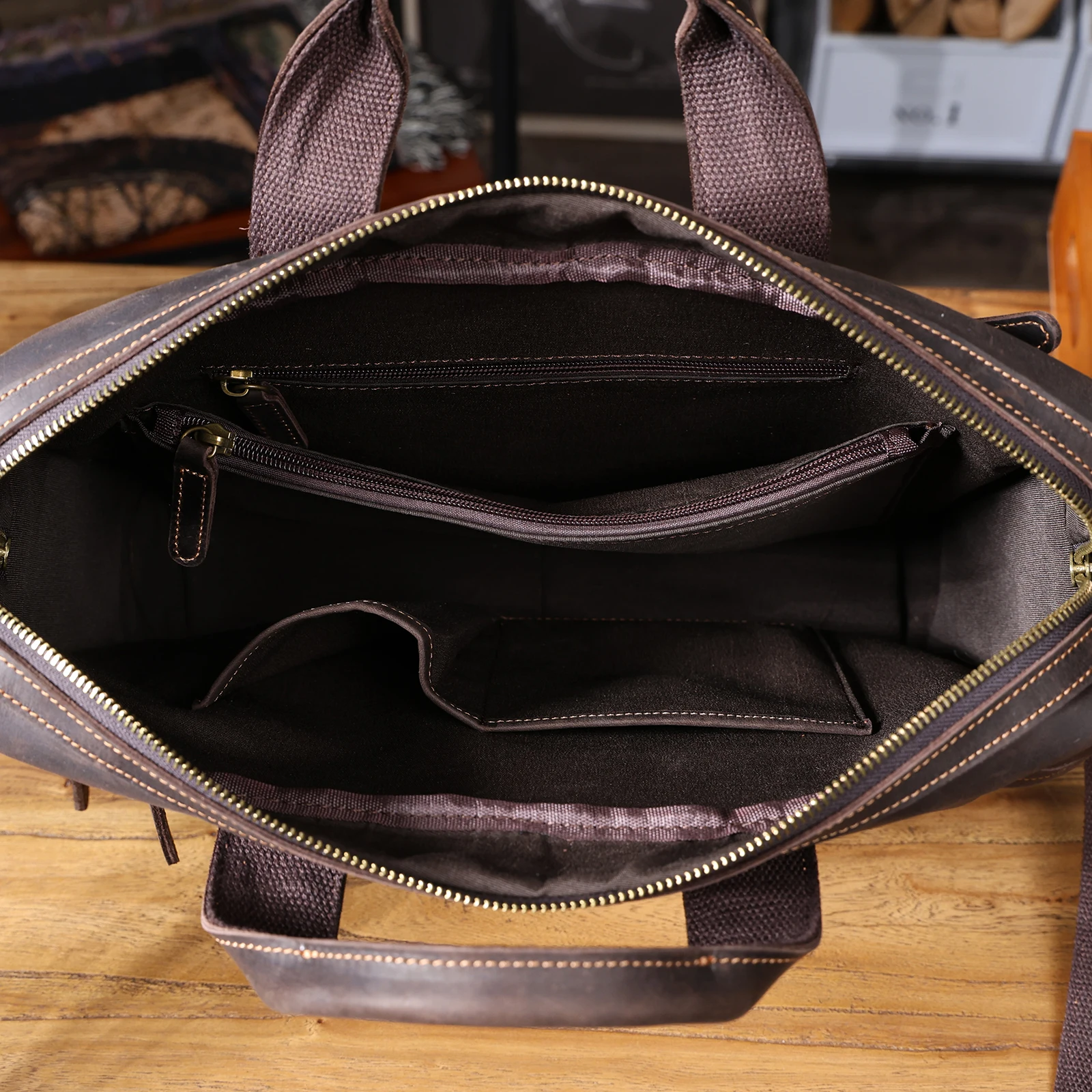Vintage Echtleder Herren-Aktentasche 14" Laptop-Tasche Crazy Horse Leder Messenger-Handtasche Rindsleder Geschenkidee für Männer – Detail 18