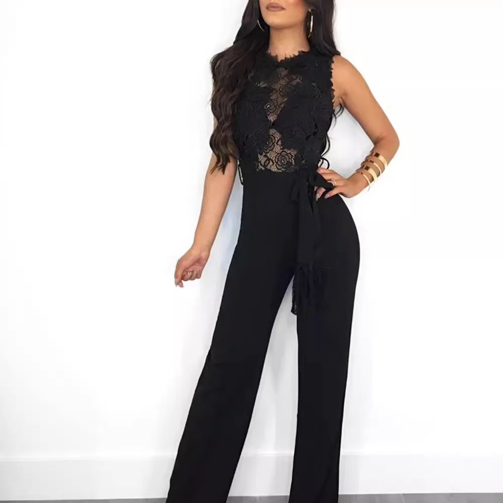 Women Elegant Long Jumpsuits Sexy Lace Decimal Casual Sleepiness Sexy Hollow Jump Suit Solid Color Summer Casual Pants 2024