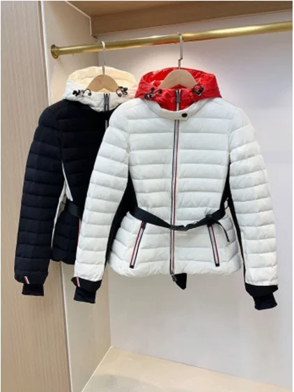 New Winter Women\'s White Duck Down Outdoor Color Matching Hooded Thickened Waist Closing Ski Suit