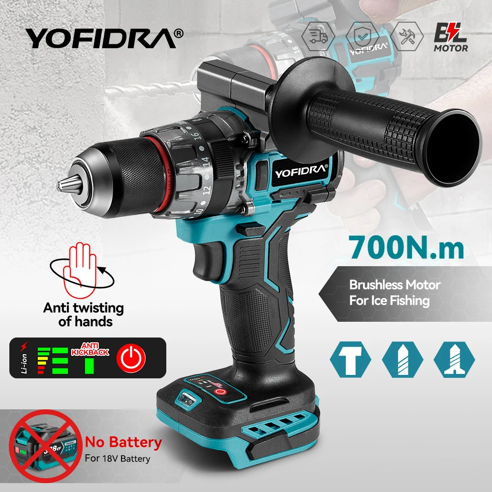 YOFIDRA 13MM 700N.m Brushless Electric Impact Drill 20+3 Torque  Cordless Screwdriver DIY Power Tool For Makita 18V Battery Pin