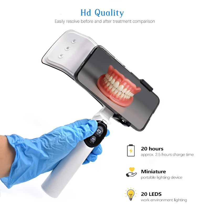 ضوء التصوير الفوتوغرافي للأسنان ذو فلاش مزدوج احترافي، سطوع قابل للتعديل لملء الفم، متوافق مع هاتف محمول يعمل بالبلوتوث