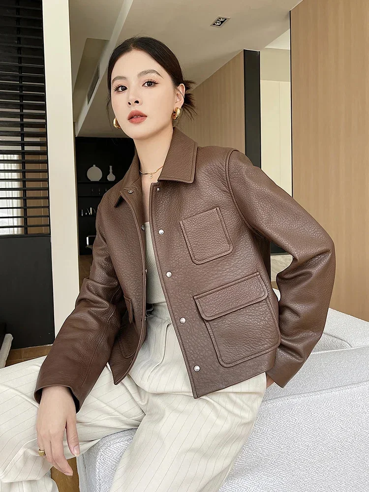 Real Litchi-grain Sheepskin Coat for Women Spring Autumn 2024 Trend Simple Multi-pocket Design Cropped Genuine Leather Jacket