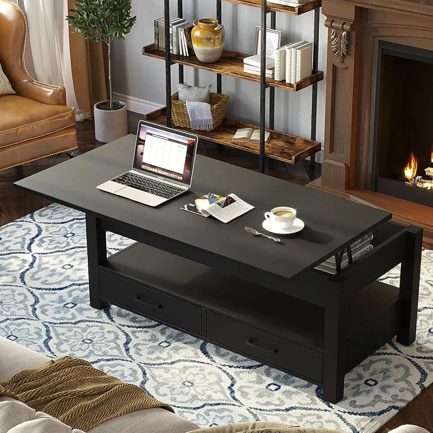 Coffee Table, Lift Top Coffee Table with Drawers and Hidden Compartment, Retro Central Table with Wooden Lift Tabletop