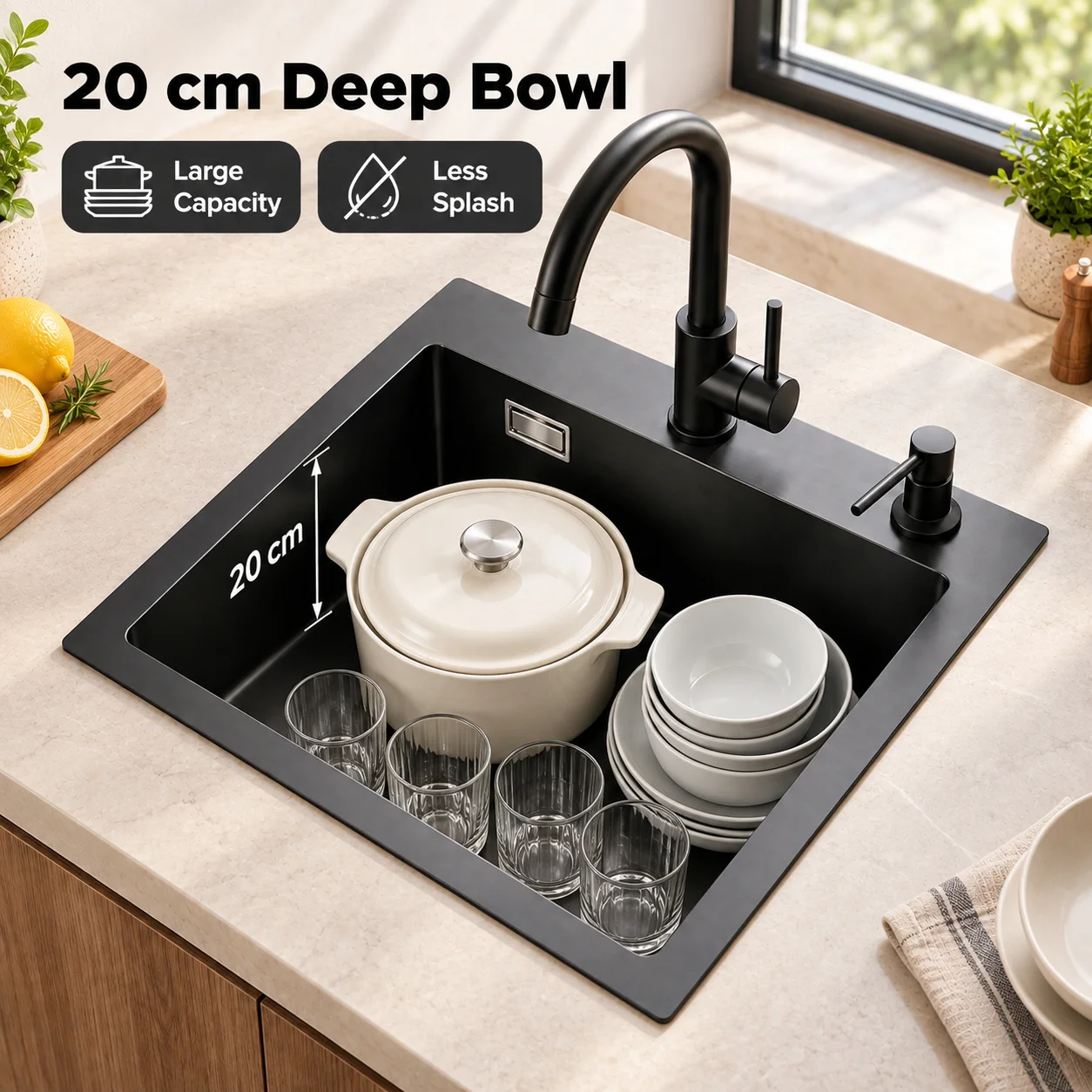 Lavello da cucina nero, dimensioni 45×40×20 cm, lavello singolo in acciaio inossidabile 201 con finitura spazzolata, lavello profondo e facile da pulire, ideale per cucina, bar e aree di servizio.