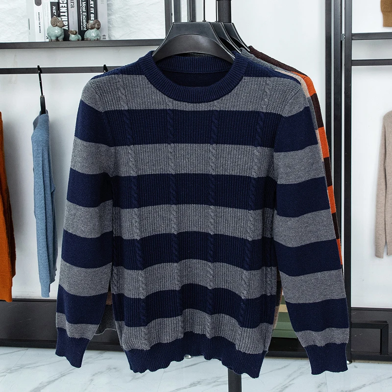 Men's Luxury Knitted Sweater Round Neck Long Sleeve Striped Pullover Autumn Winter Fashion Casual Classic Versatile Warm Men's