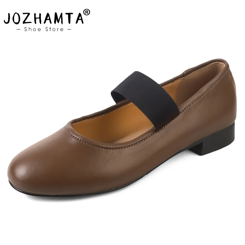 JOZHAMTA Women Casual Ballet Flats Shoes Genuine Leather Thick Mid Heels Shoes Elastic Vintage Office Lady Daily Size 34-40