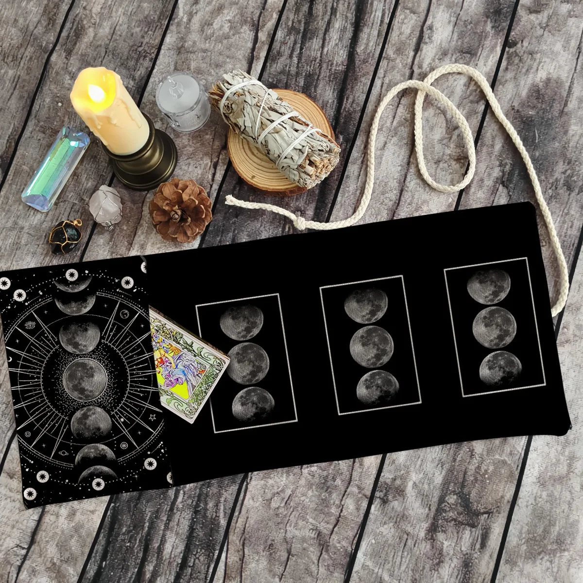 Moon Phase Tarot Roll‑Up Pouch Triple Moon 3‑Card Spread Tarot Oracle Card Holder Bag Wicca Witch Divination Altar Accessory