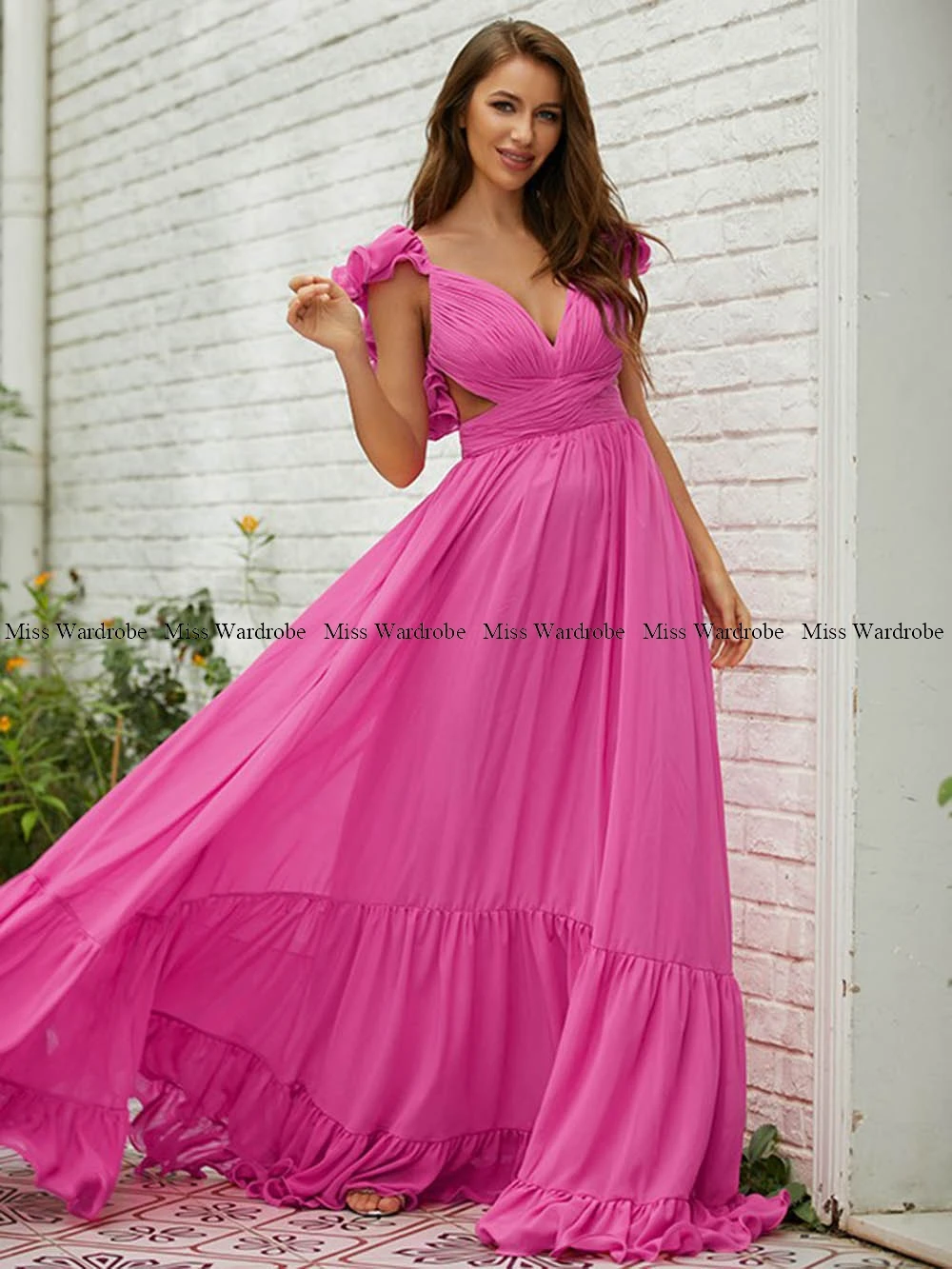 Elegante Rosa Lange Abendkleider V-ausschnitt Rüschen Falten A-Line Prinzessin bodenlangen Backless Formale Prom Party Kleider Customze