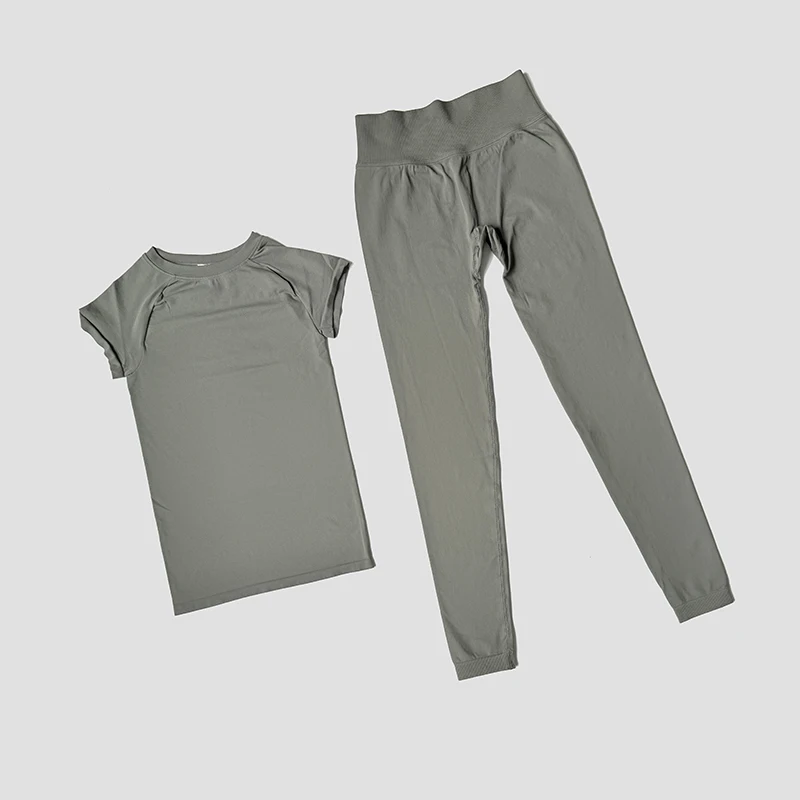 WAREBALL Damen 2-Teiliges Nahtloses Fitness-Outfit Kurzarm-Oberteil Hochgeschnittene Leggings Gym Workout Sportbekleidung Yoga-Set – Detail 17
