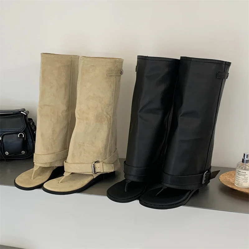 Aneikeh Women's Clip Toe Knee High Boots Open Toe Leather Buckle Flat Sandal Boots Tube Booties Summer Casual Streetwear Shoes
