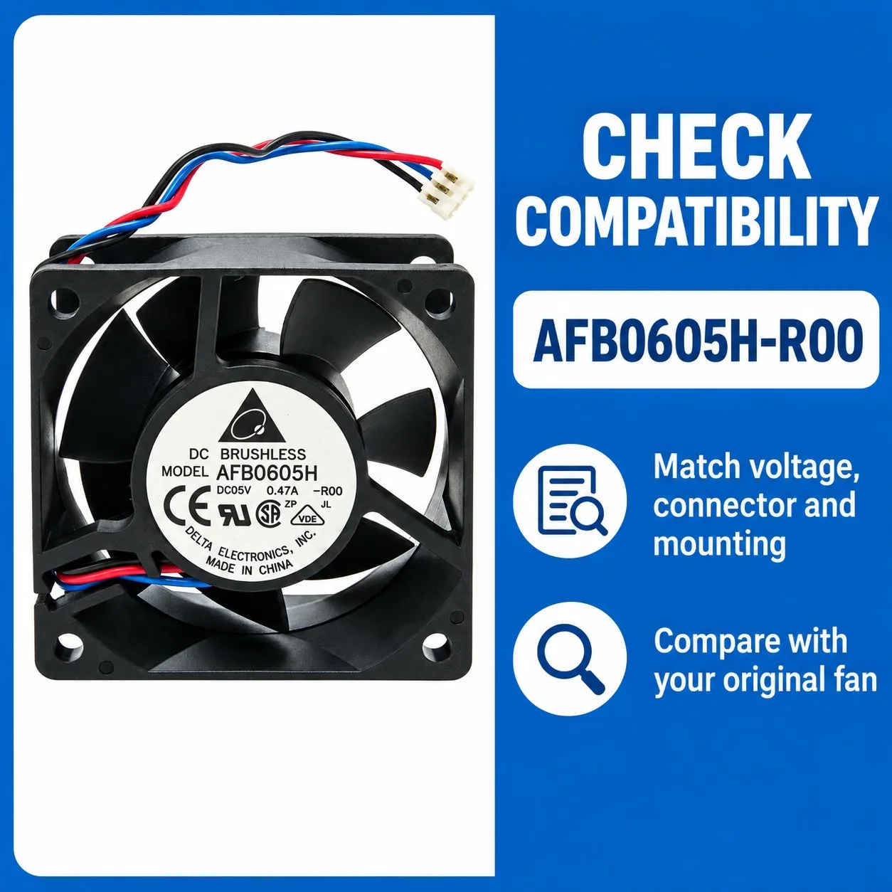AFB0605H-R00 Axial Cooling Fan 60mm 5V 0.47A Tachometer Dual Ball Bearing 3-Pin for DELTA