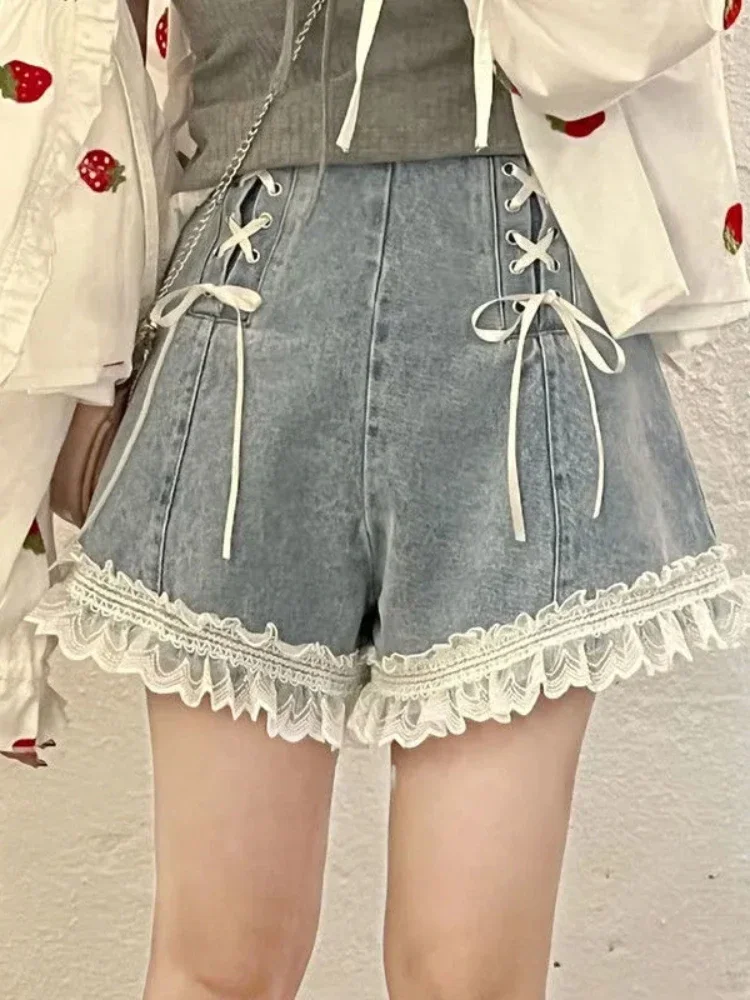 

Japanese Sweet Lace-up Denim Shorts Women Summer Lace Ruched Elegant Jeans Female Korean Fashion Bow Hight Waist Shorts 2023 New