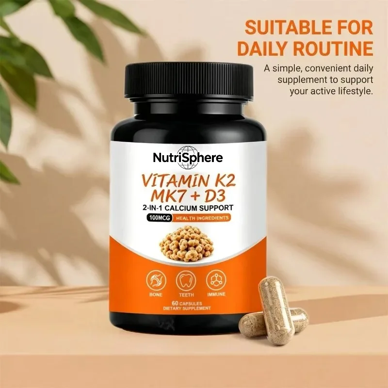 Vitamin K2 MK7+D3 2-in-1 Calcium Support for Teeth Immunity and Bone Health, 60 Capsules