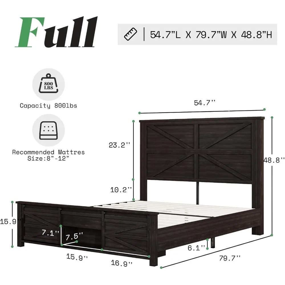 Full Bed Frame with Sliding Barn Door Storage Cabinets & Headboard，Solid Wood Slats Support，No Squeak，Wood Bed Frame