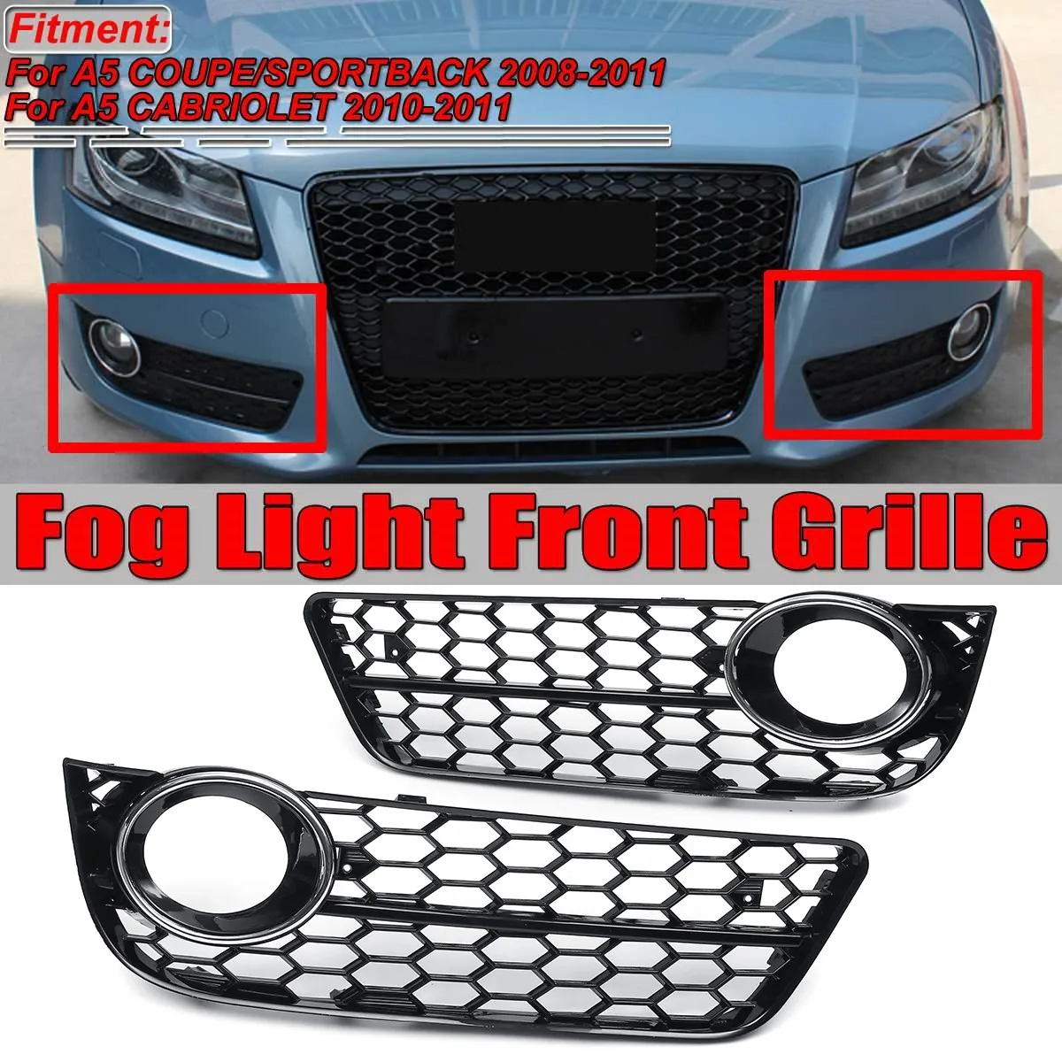 

Black Chrome Car Front Bumper Fog Light Lamp Grille Grill Cover Mesh Honeycomb For Audi A5 Coupe/Sportback 08-11 Cabriolet 10-11