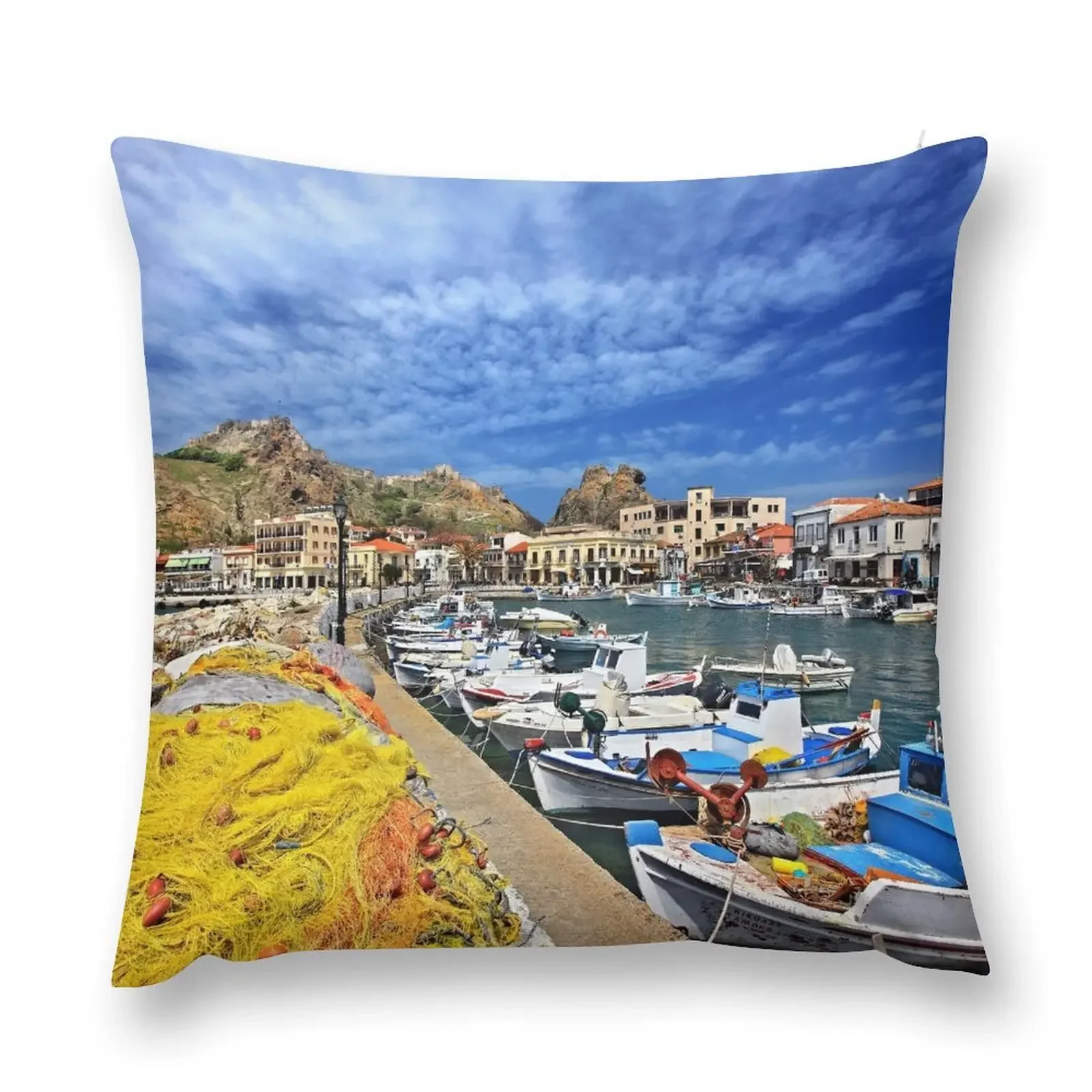 El puerto de pesca de Myrina - Isla de Lemnos, cojines decorativos para sofá, fundas de almohada