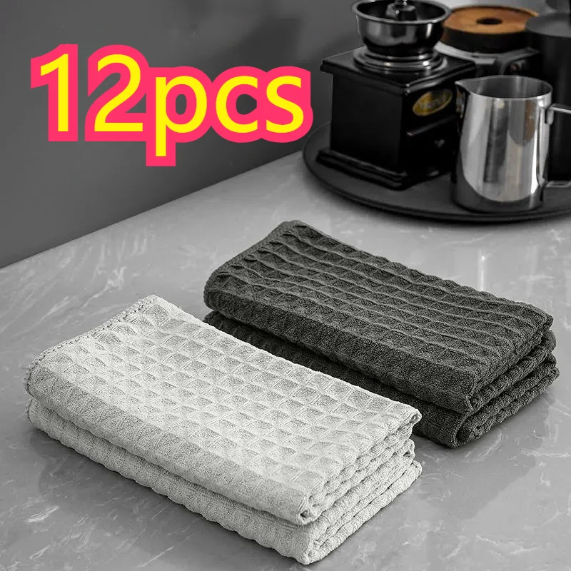 12pcs Microfiber Cleaning Cloths, Grid Weave Dish Towels, Super Absorbent Reusable Kitchen Cleaning Rags for Home