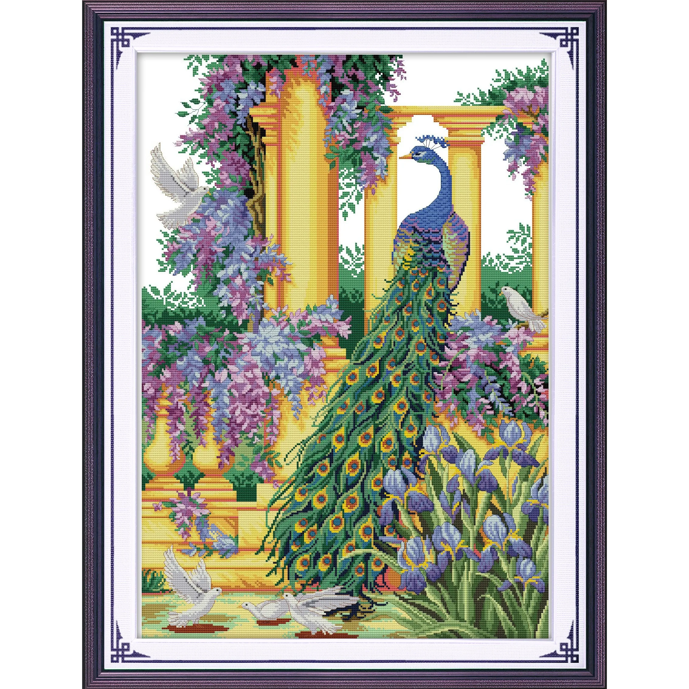 

Soulgift News Pre-Printed Cross Stitch Kit, Stamped Aida Fabric with DMC Threads, Embroidery Kit - Purple Flowers&peacock