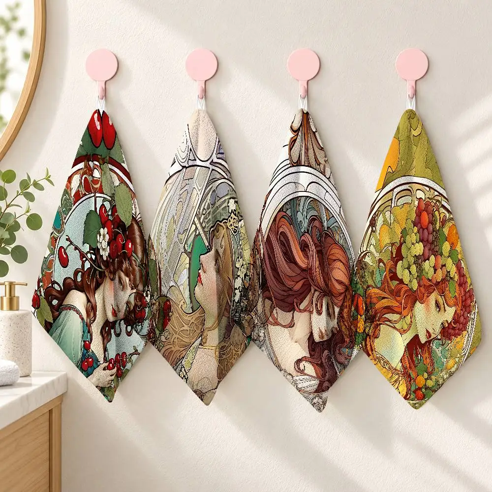 Custom Alphonse Mucha Printed Small Hand Towel 25x30cm Polyester Cotton Soft Absorbent Hand Cloth For Bathroom Kitchen