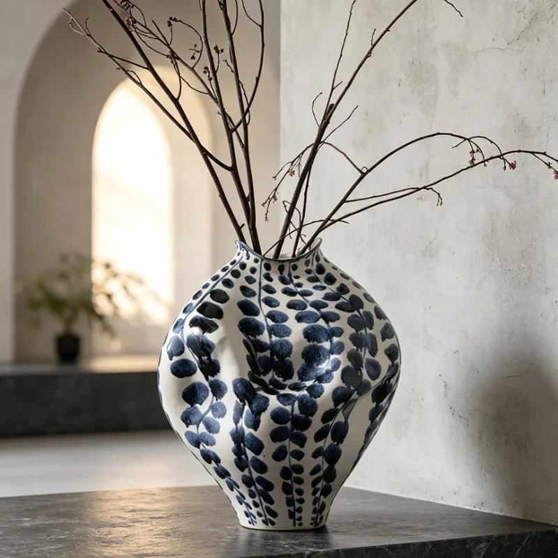 Hand‑made Ceramic Vase Blue‑White Dot Art Flower Vase Irregular Textured Ornament for Living Room Entryway Home Decor