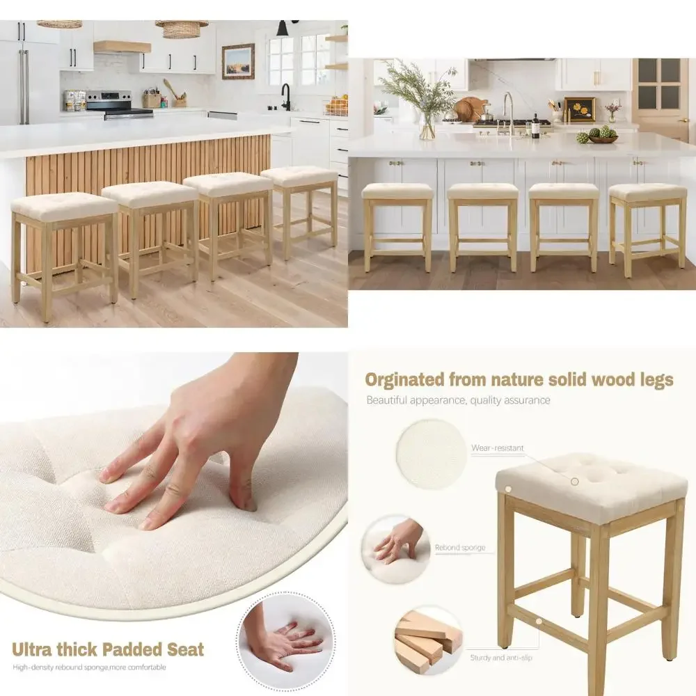 Set of 4 Farmhouse Style Counter Height Bar Stools with Fabric Seats for Modern Kitchen