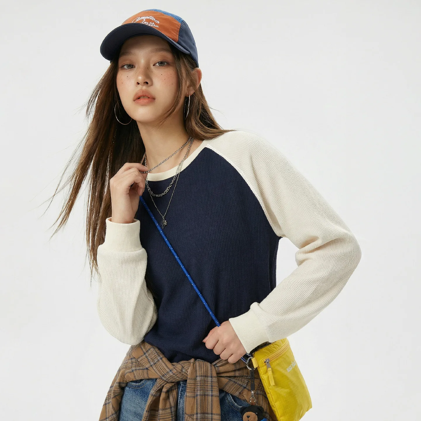 

Maden Women's Americana Long Sleeve Pullover Sweatshirt Waffle Raglan Sleeve Soft Casual Colorblock Female Tops Spring Fall