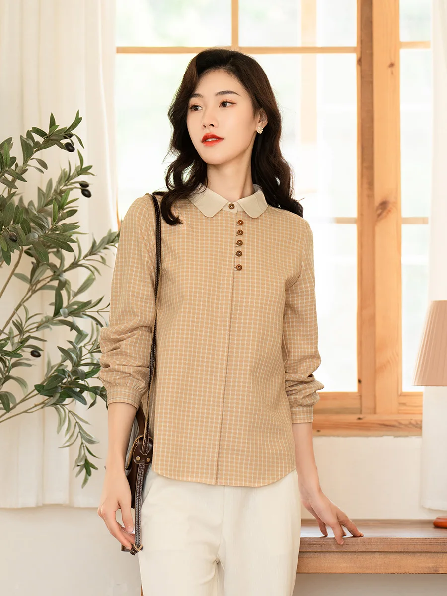 

Yellow Plaid Casual irt Women's Top New 2026 Faionable Artistic Versatile Cotton Polyester Blend Long Sve Button up