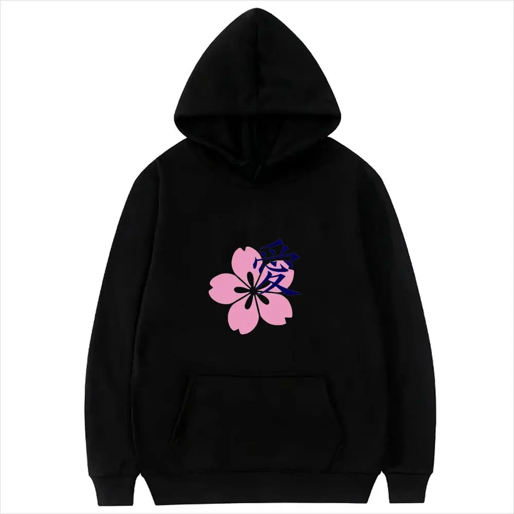 Japanese Cherry Blossom Print Hooded Sweatshirt Women Harajuku Aesthetic Pullover Long Sleeve Casual Loose Streetwear White Tops