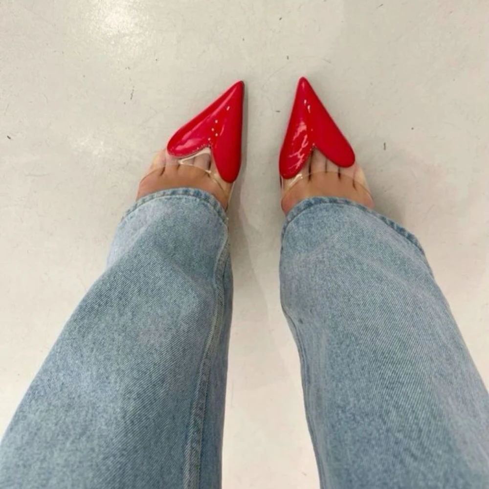 

CHMURY Pointed Toe Heart High Heels Mules Sandals Slipper for Women 2024 Black White Red Shoes