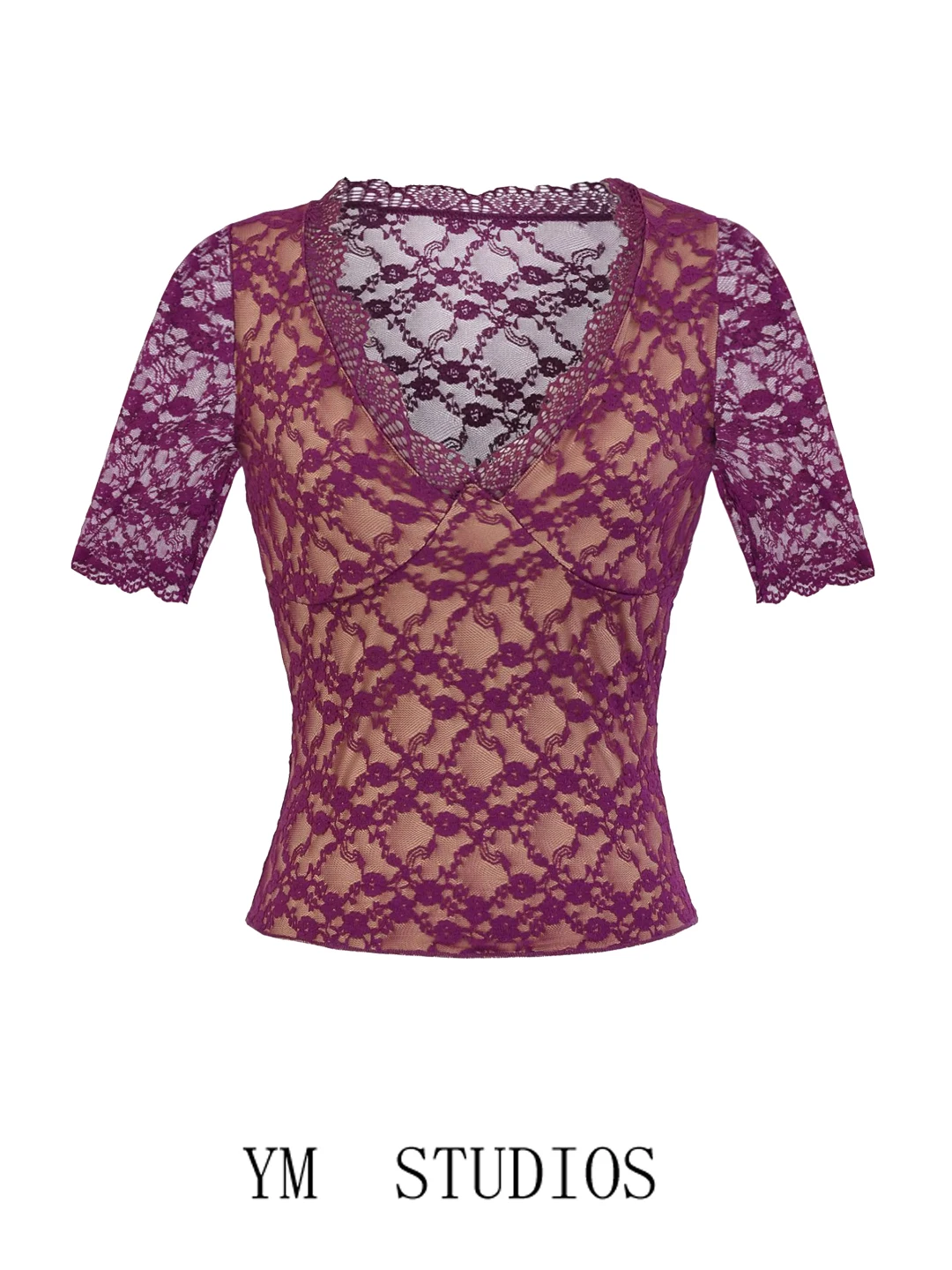 

Pure Desire Sexy Deep V-neck Lace Shirt Women Summer Shoulder Length Short Sleeve T-shirt Short Style Mature Top