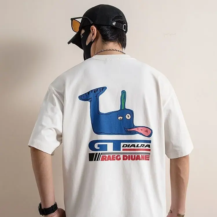 

Хлопковая футболка с короткими рукавами и принтом кита, мужская и женская летняя футболка в американском стиле ретро, забавная пара, свободный повседневный топ с круглым вырезом