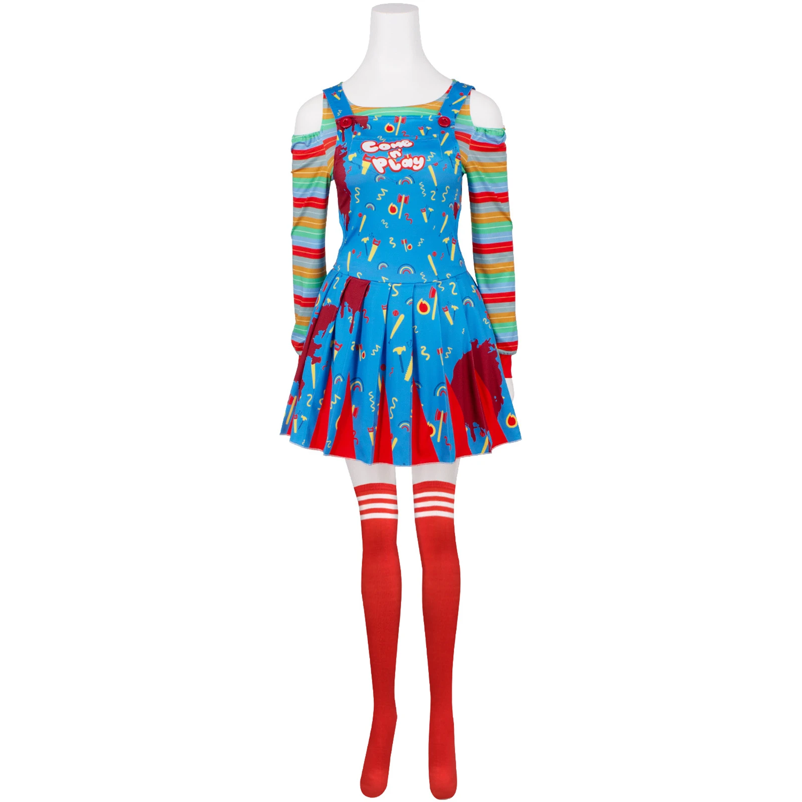 

Child Cosplay Costume Adult Horror Movie Doll with Blood Suspender Dress Striped Top Halloween Carnival Party Uniform Set