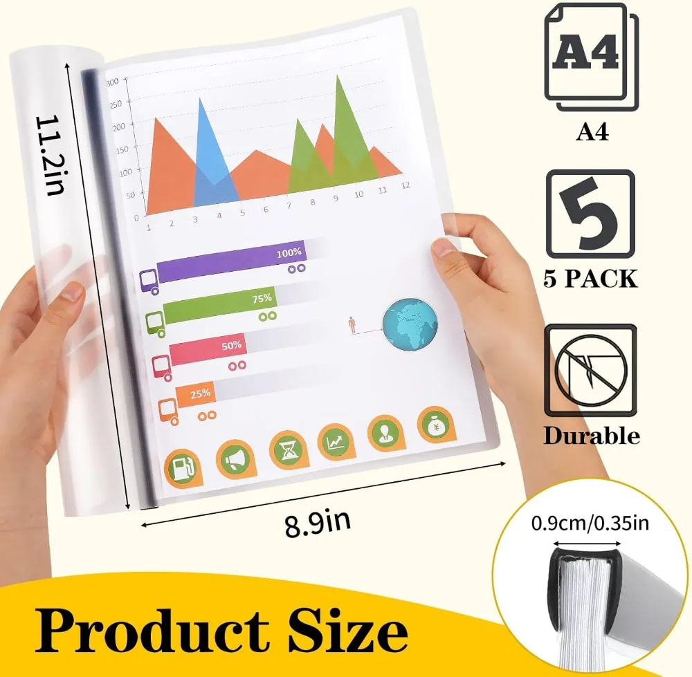 Clear Report Covers with Sliding Bar for A4 & Letter Size, 70 Sheet Capacity, 5 Pack