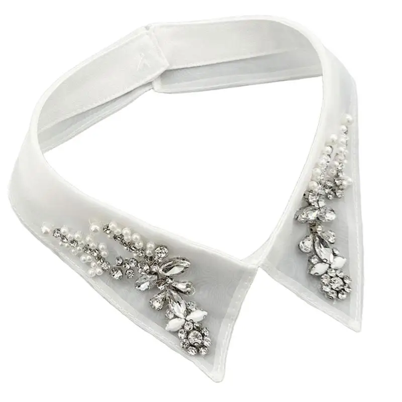 A52E False Collar Insert with Rhinestones Flowers, Detachable Pointed Collar for Office Outfits, Dinners and Evening Gatherings