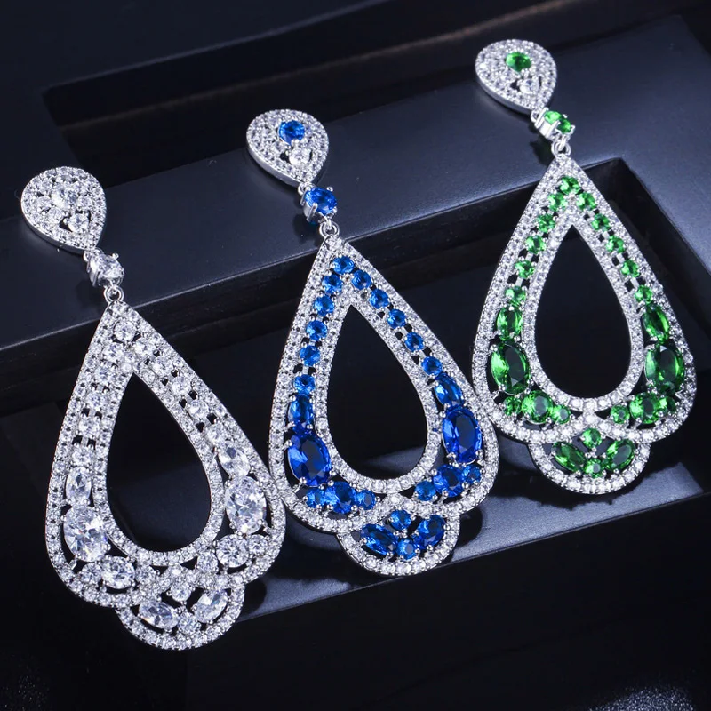 Pera Brand Designer Royal Blue Cubic Zirconia Long Dangle Big Hollow Water Drop Earrings for Bridal Wedding Party Jewelry E008