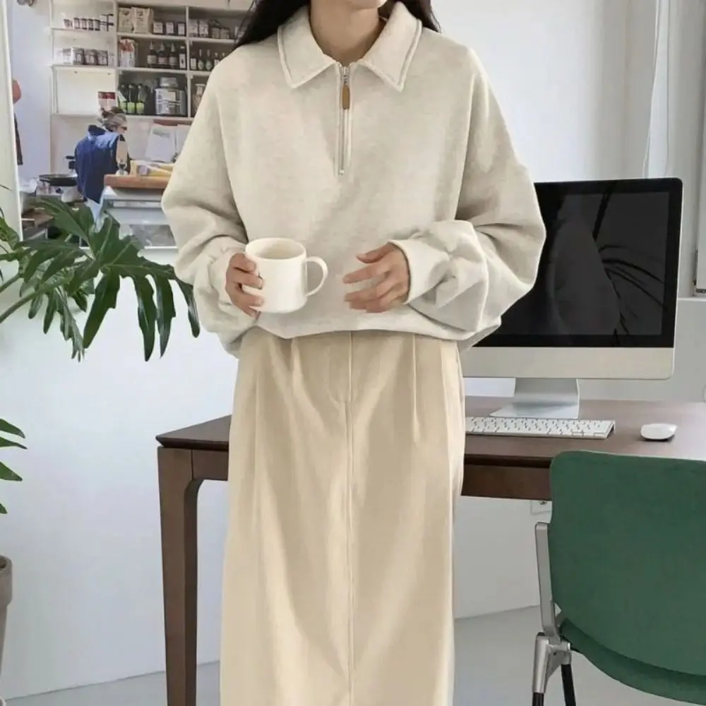 أزياء نصف الياقة العالية كم طويل أعلى سستة فضفاضة الخريف هوديي أعلى الكورية Ins الملابس بلوزات للنساء الخريف/الشتاء
